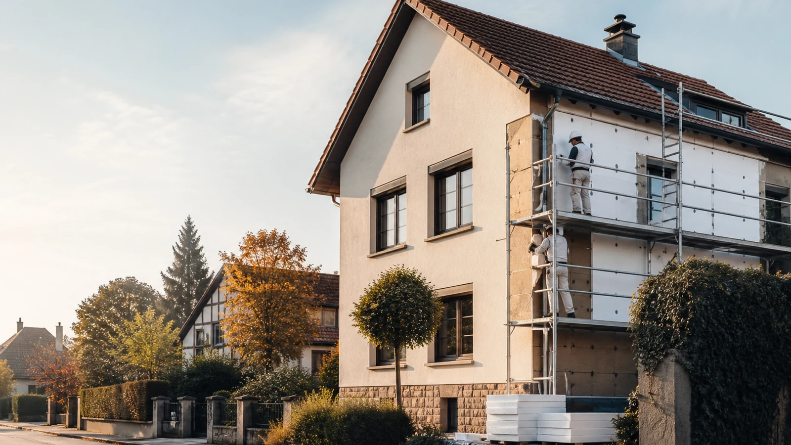 Chantier d’ITE près de Strasbourg Maison du Bas-Rhin en cours d’isolation extérieure avec façade partiellement achevée