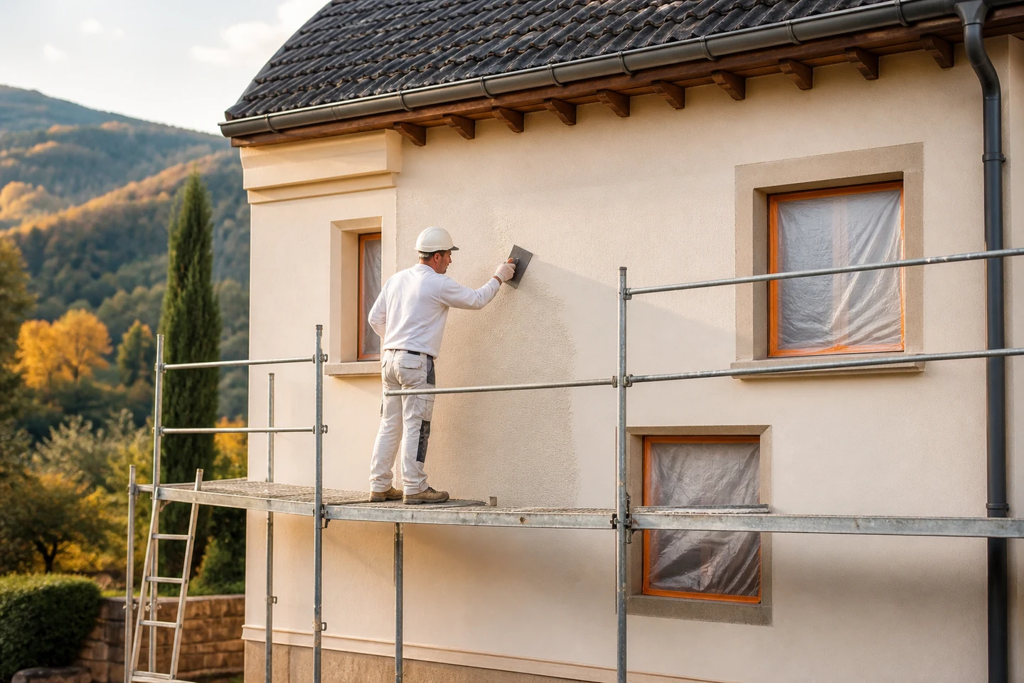 Finition minérale d’une façade après isolation Application régulière d’un enduit minéral sur une façade isolée