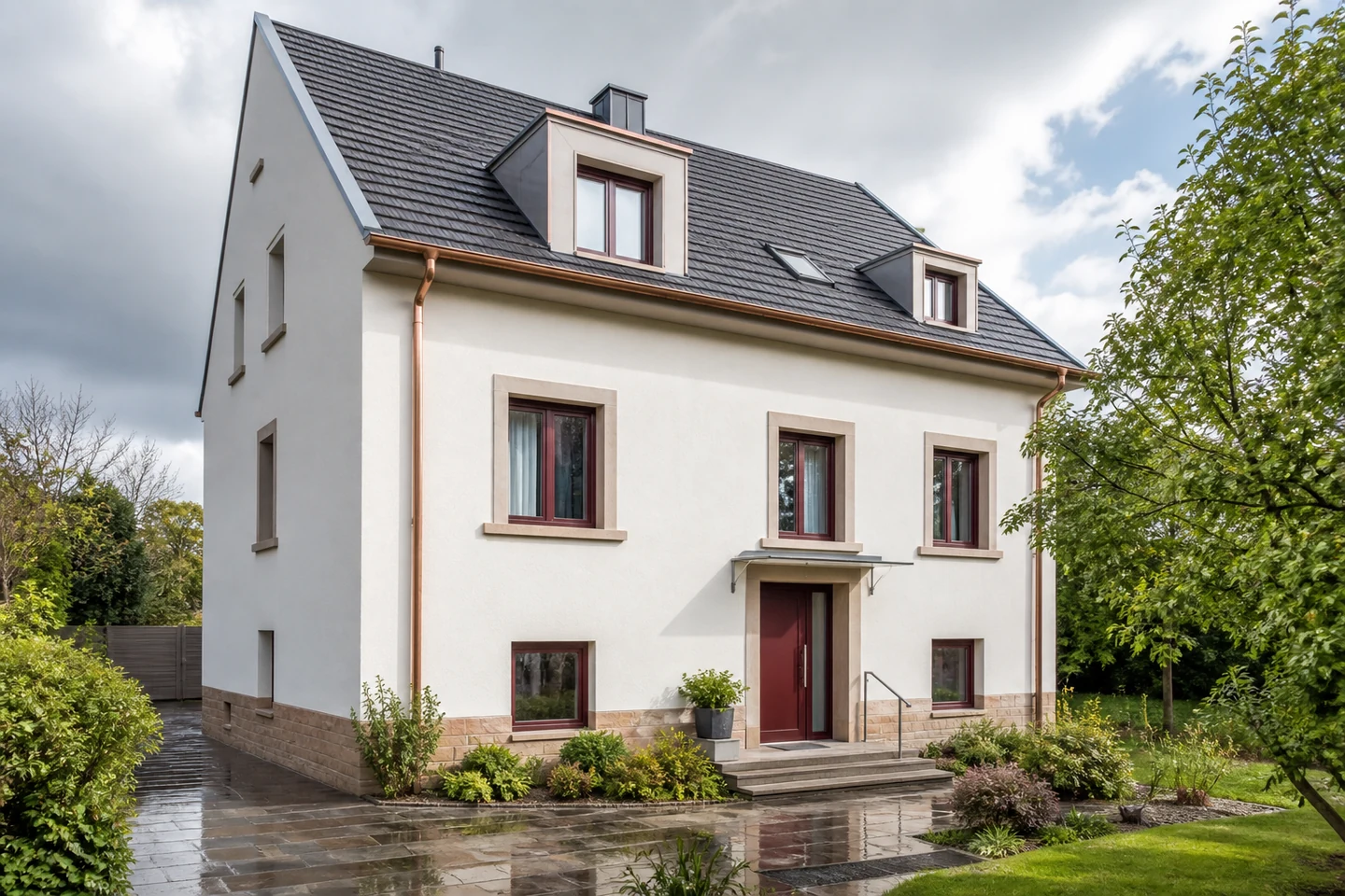 Résultat architectural d’une isolation par l’extérieur Maison rénovée associant enduit clair et accent de bardage bois